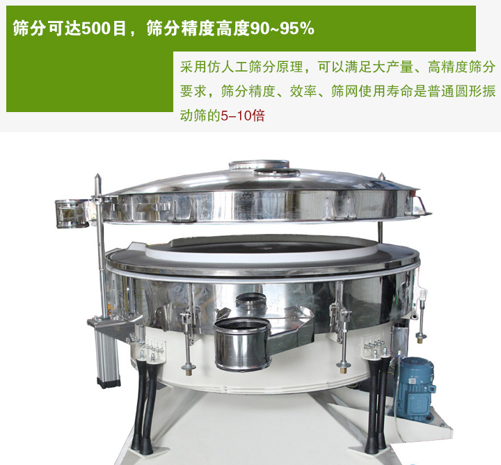 搖擺篩分機(jī)采用仿人工篩分原理，可以滿足大產(chǎn)量、高精度篩分 要求，篩分精度、效率、篩網(wǎng)使用壽命是普通圓形振 動篩的5-10倍