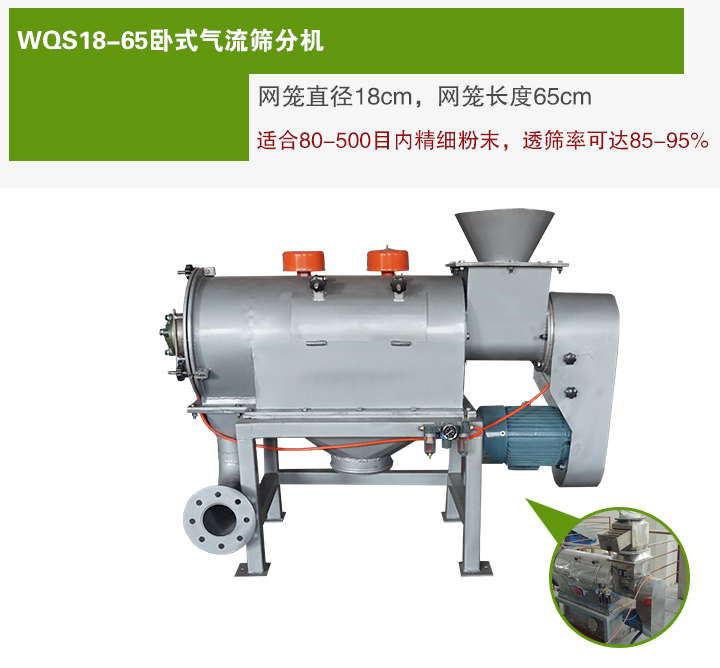 WQS18-65臥式氣流篩分機(jī)網(wǎng)籠直徑為18cm，網(wǎng)籠長度為65cm